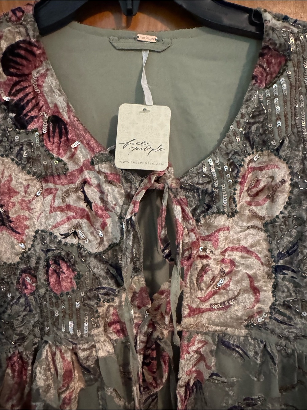 Free People Olive Green Floral Sequin Tie-Front Top - Picture 3 of 7